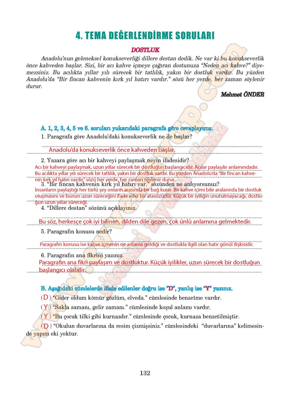 5. sınıf Anıttepe Yayıncılık Türkçe Ders Kitabı Cevapları Sayfa 132