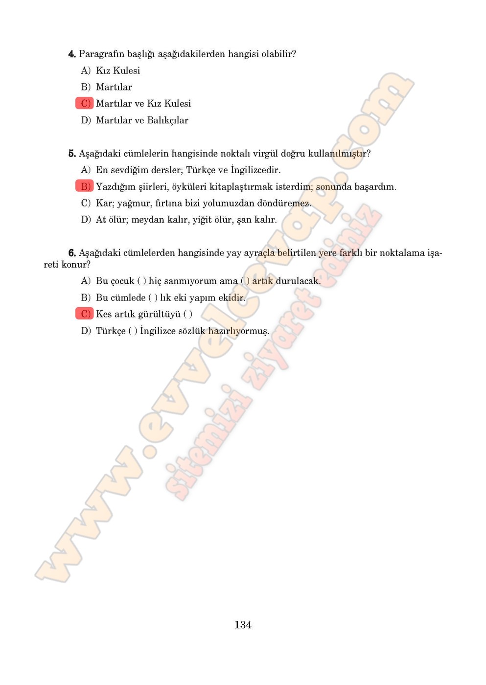 5. sınıf Anıttepe Yayıncılık Türkçe Ders Kitabı Cevapları Sayfa 134