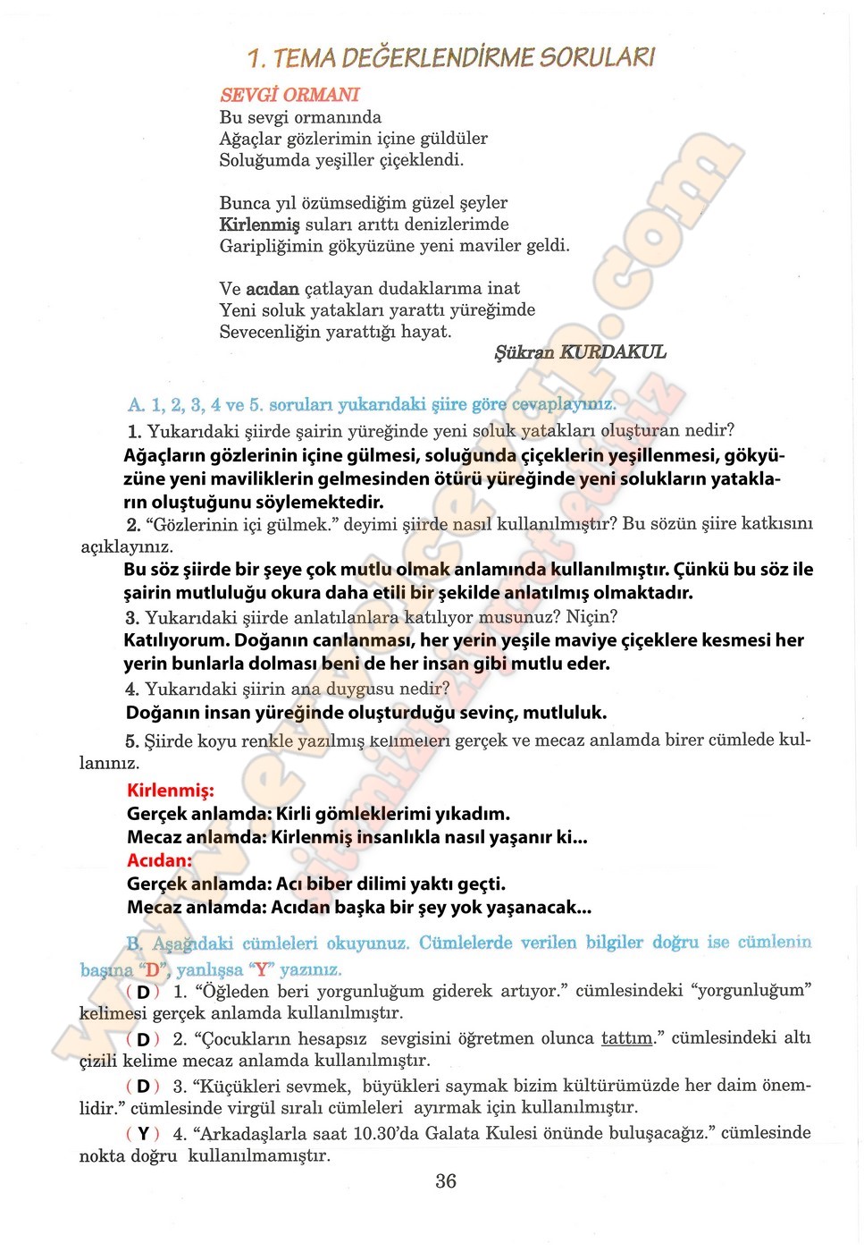 5. sınıf Anıttepe Yayıncılık Türkçe Ders Kitabı Cevapları Sayfa 36
