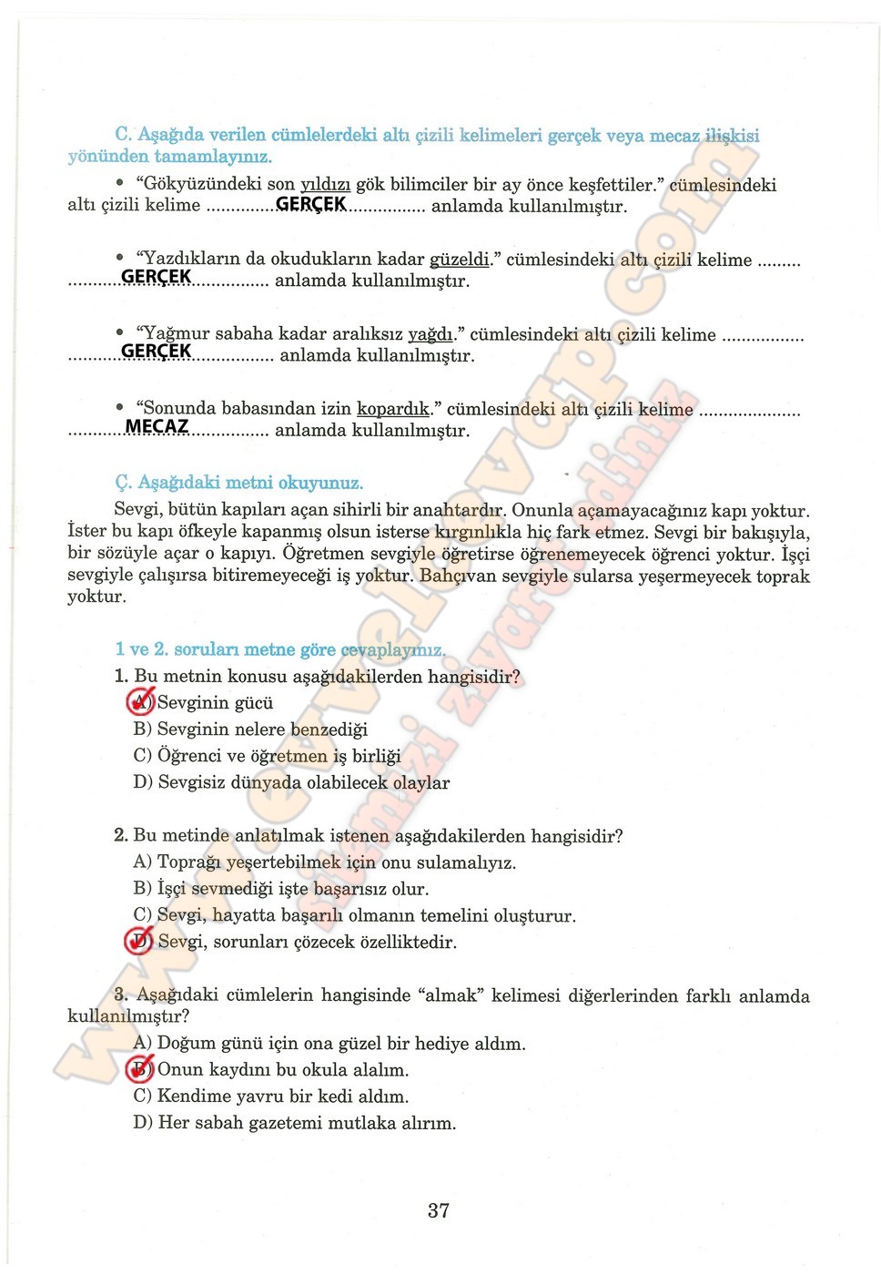5. sınıf Anıttepe Yayıncılık Türkçe Ders Kitabı Cevapları Sayfa 37