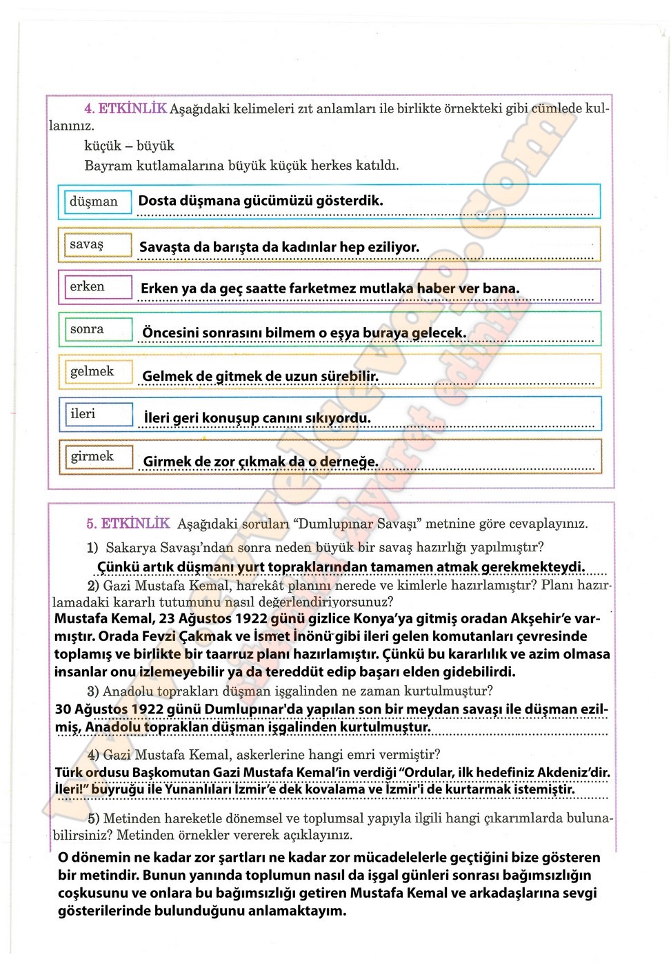 5. sınıf Anıttepe Yayıncılık Türkçe Ders Kitabı Cevapları Sayfa 49