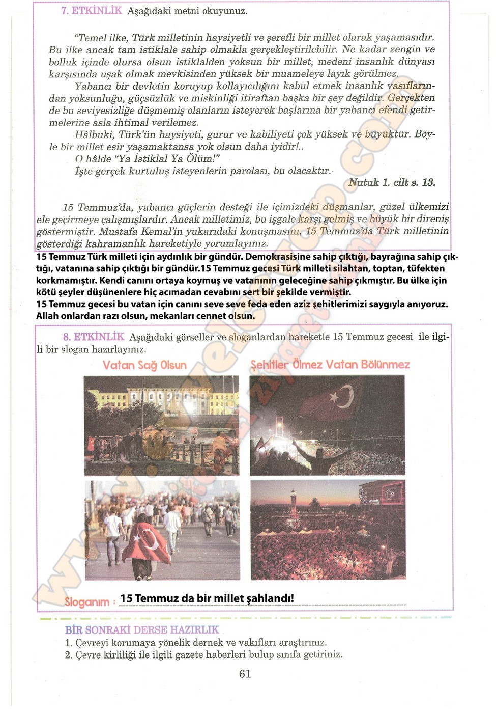 5. sınıf Anıttepe Yayıncılık Türkçe Ders Kitabı Cevapları Sayfa 61