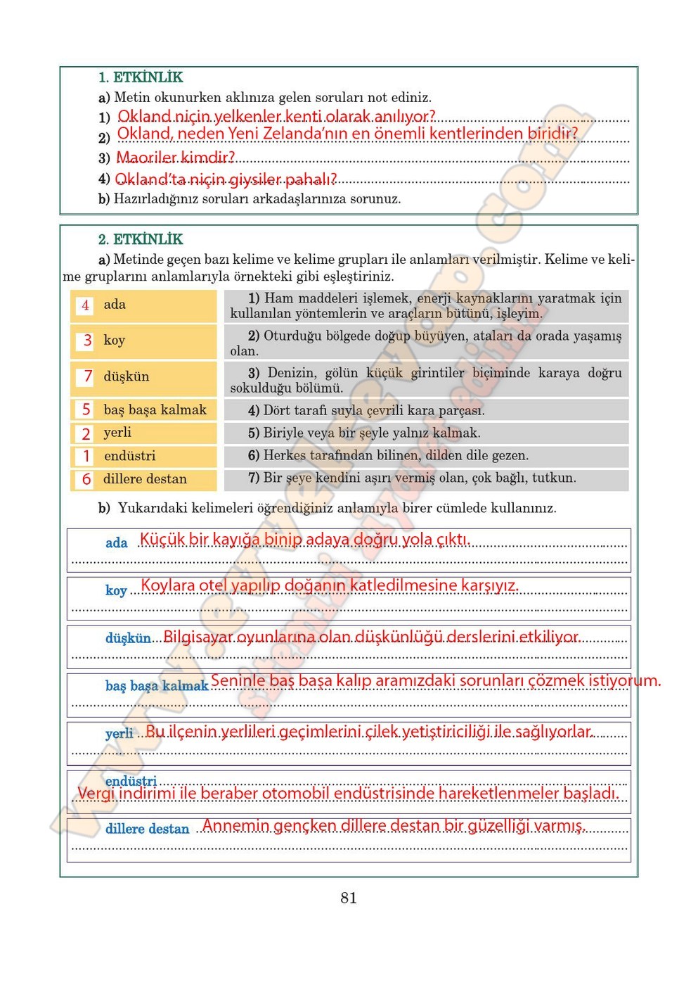 5. sınıf Anıttepe Yayıncılık Türkçe Ders Kitabı Cevapları Sayfa 81