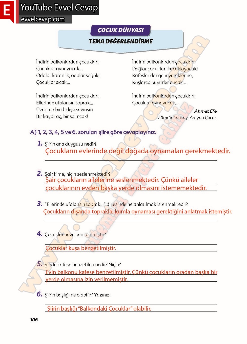 6. sınıf Ekoyay Yayınları Türkçe Ders Kitabı Cevapları Sayfa 106