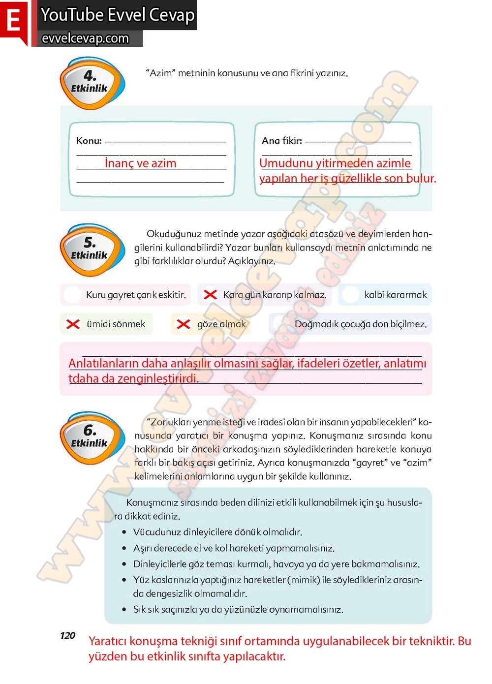 6. sınıf Ekoyay Yayınları Türkçe Ders Kitabı Cevapları Sayfa 120