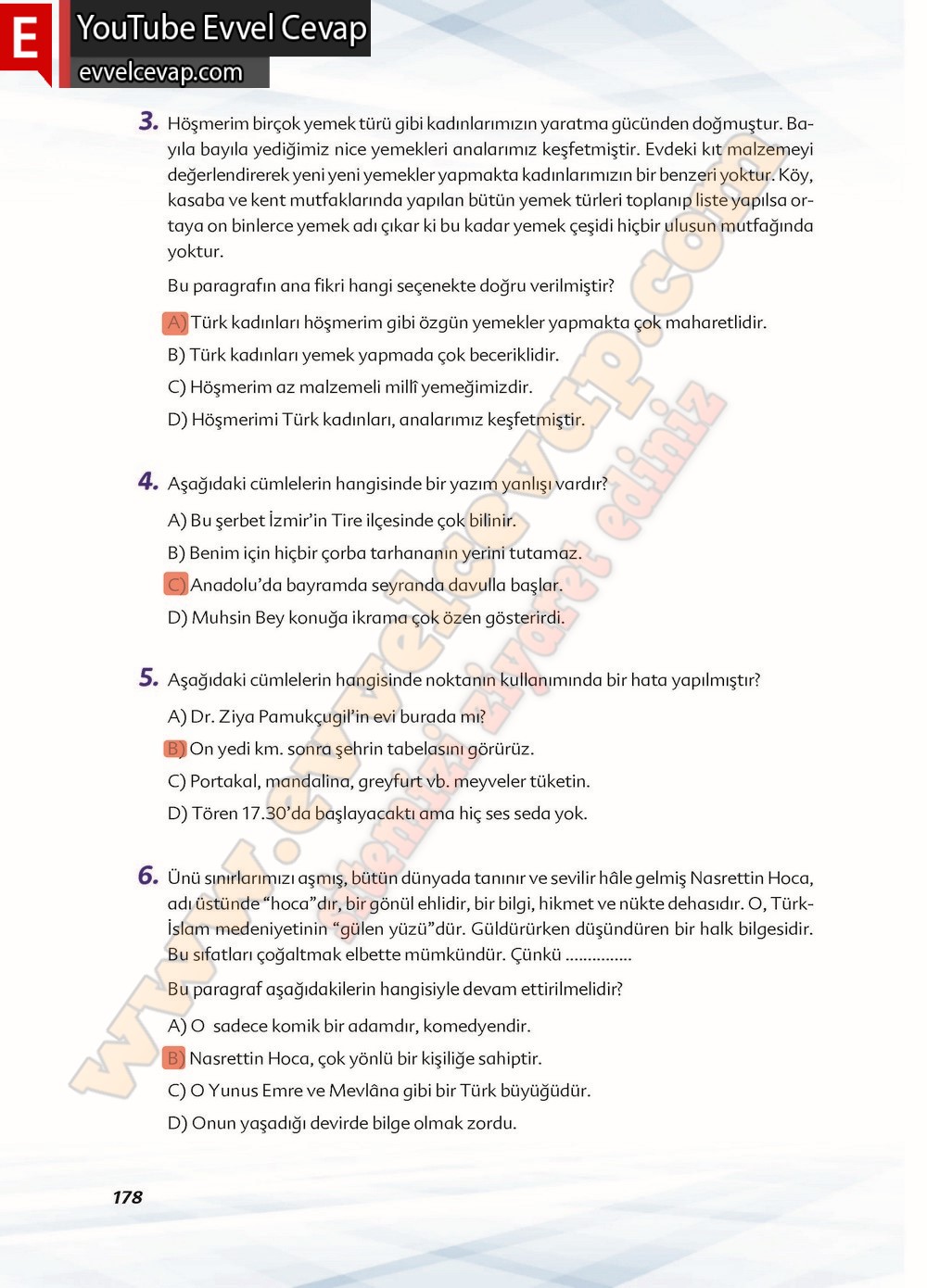 6. sınıf Ekoyay Yayınları Türkçe Ders Kitabı Cevapları Sayfa 178