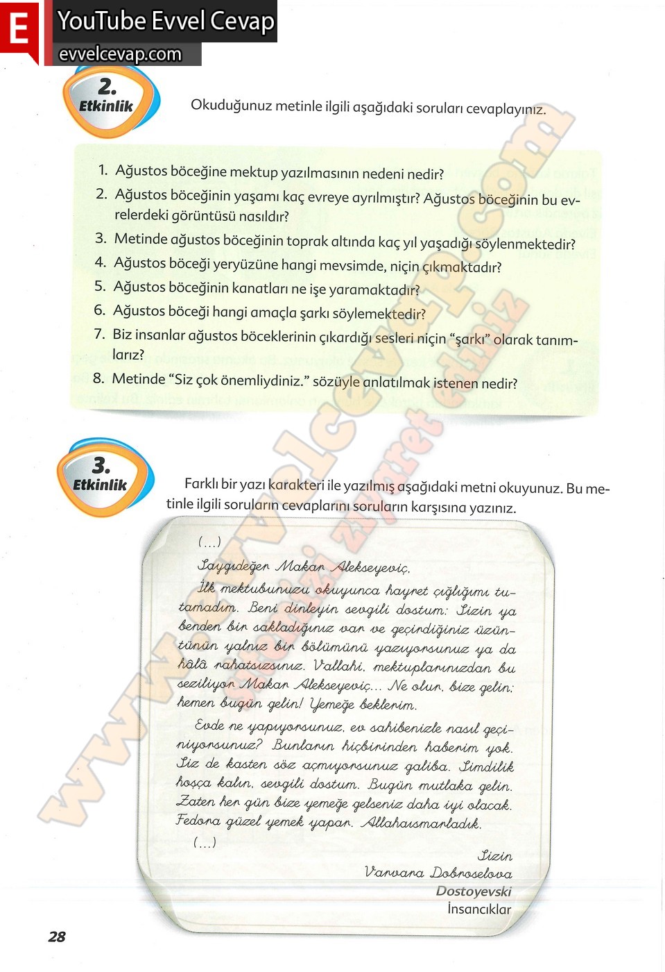 6. sınıf Ekoyay Yayınları Türkçe Ders Kitabı Cevapları Sayfa 28