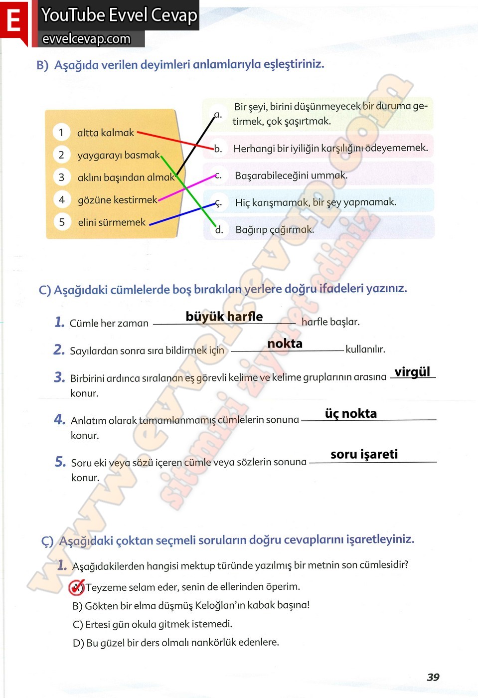 6. sınıf Ekoyay Yayınları Türkçe Ders Kitabı Cevapları Sayfa 39