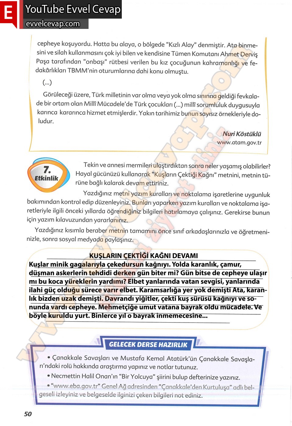 6. sınıf Ekoyay Yayınları Türkçe Ders Kitabı Cevapları Sayfa 50