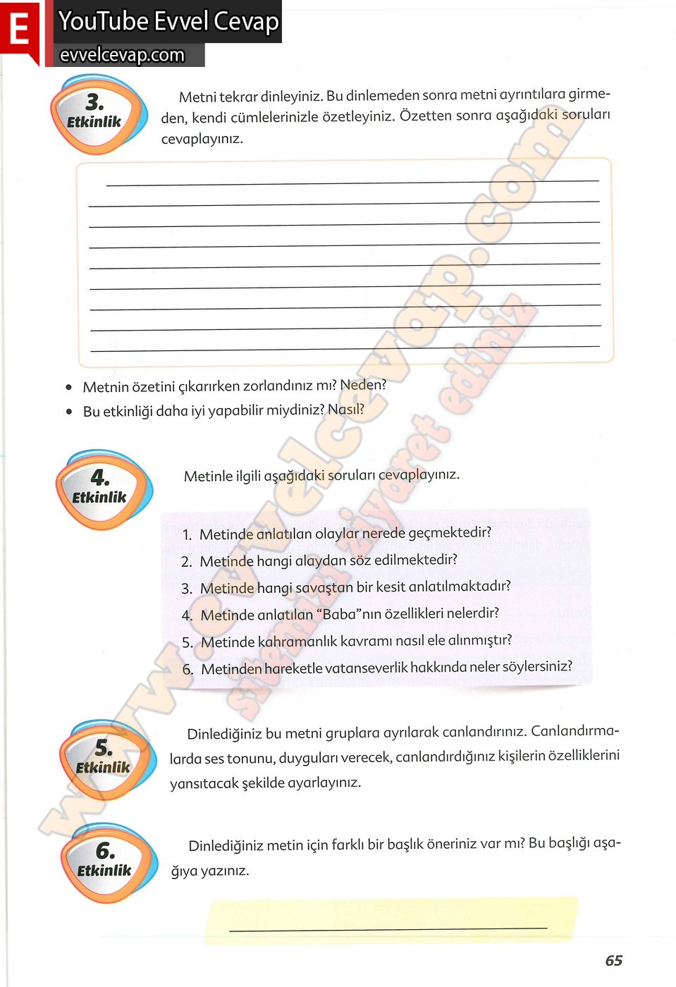 6. sınıf Ekoyay Yayınları Türkçe Ders Kitabı Cevapları Sayfa 65