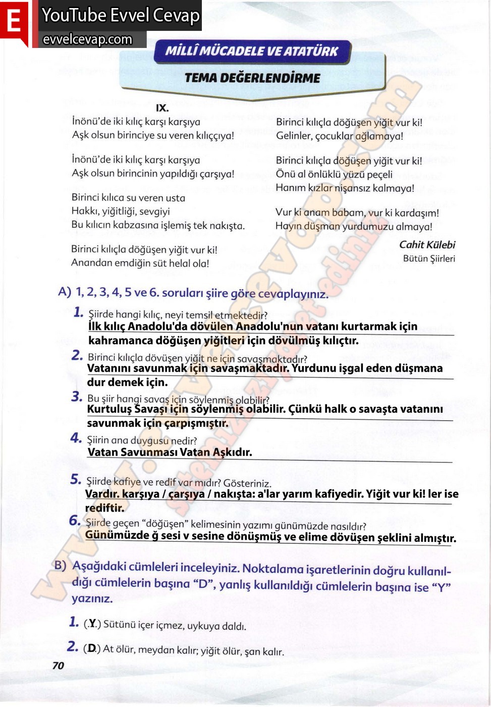 6. sınıf Ekoyay Yayınları Türkçe Ders Kitabı Cevapları Sayfa 70