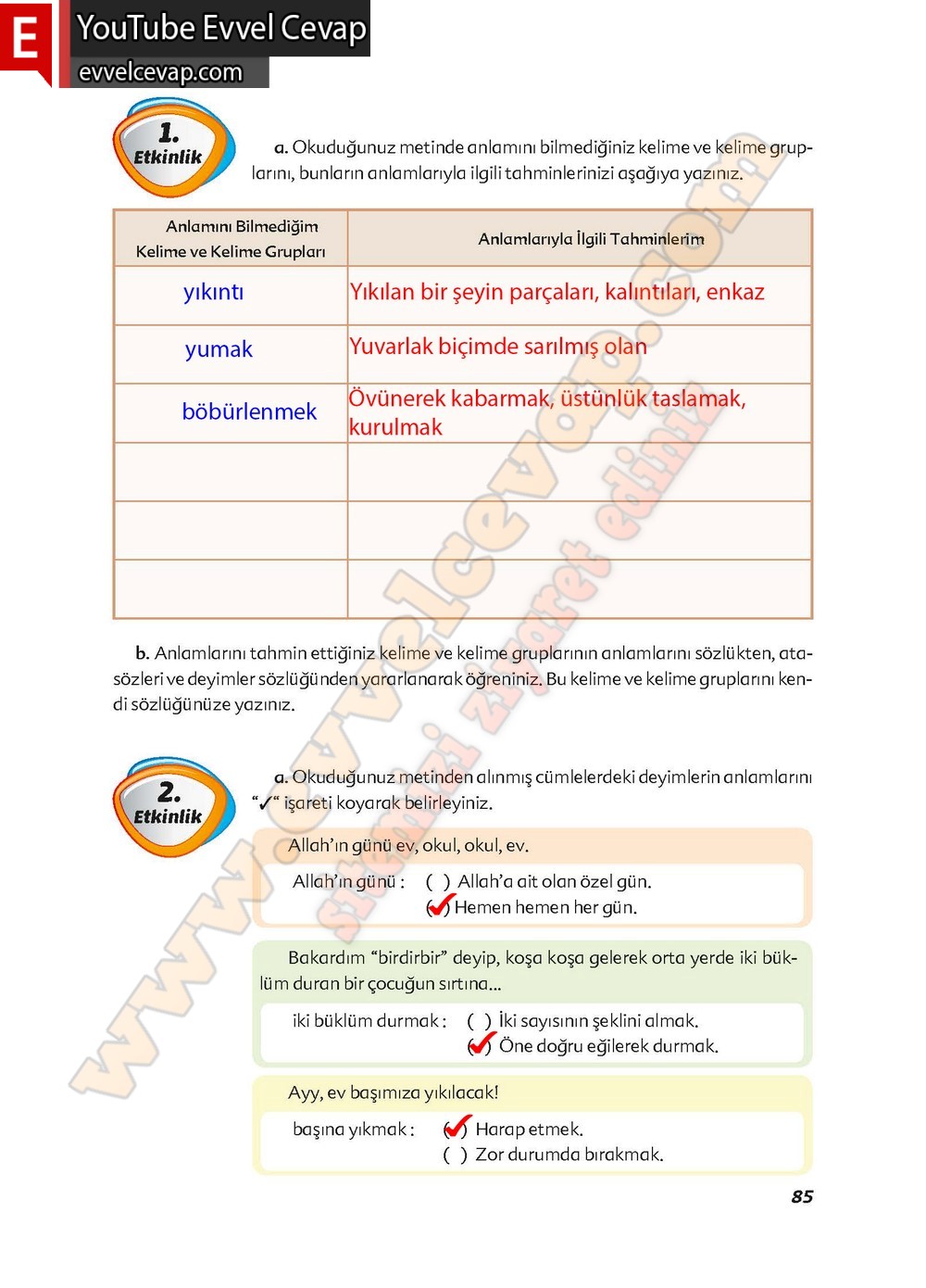 6. sınıf Ekoyay Yayınları Türkçe Ders Kitabı Cevapları Sayfa 85