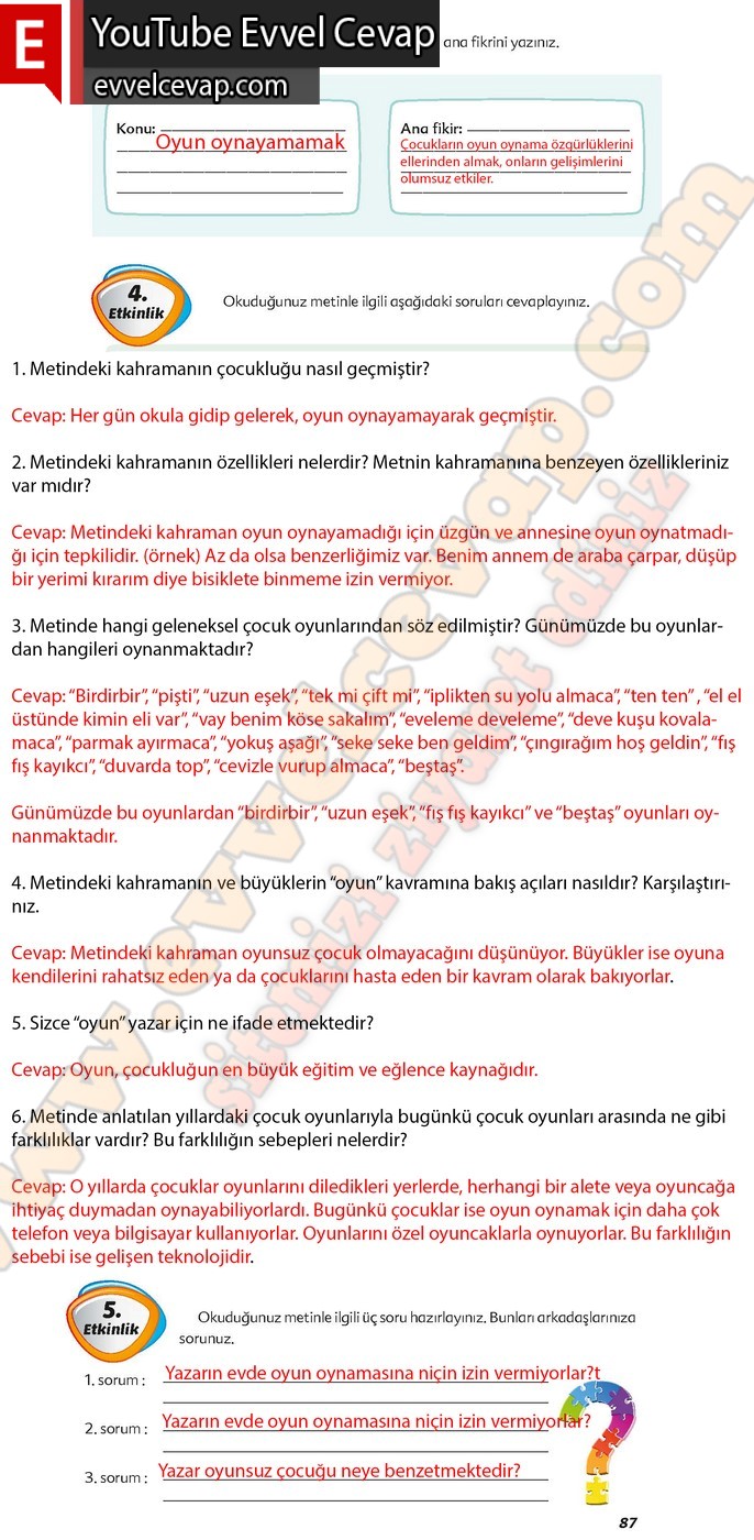 6. sınıf Ekoyay Yayınları Türkçe Ders Kitabı Cevapları Sayfa 87