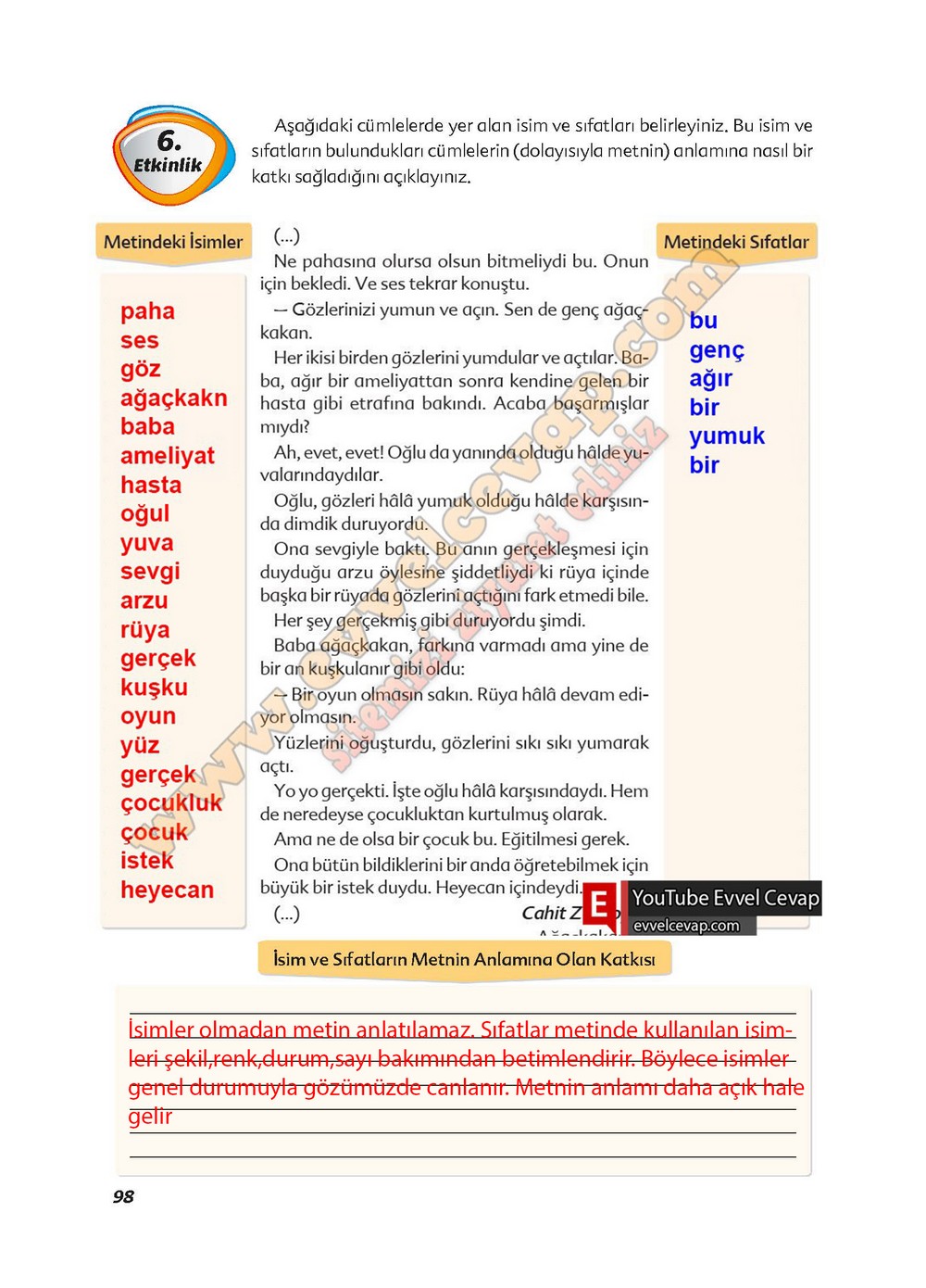 6. sınıf Ekoyay Yayınları Türkçe Ders Kitabı Cevapları Sayfa 98