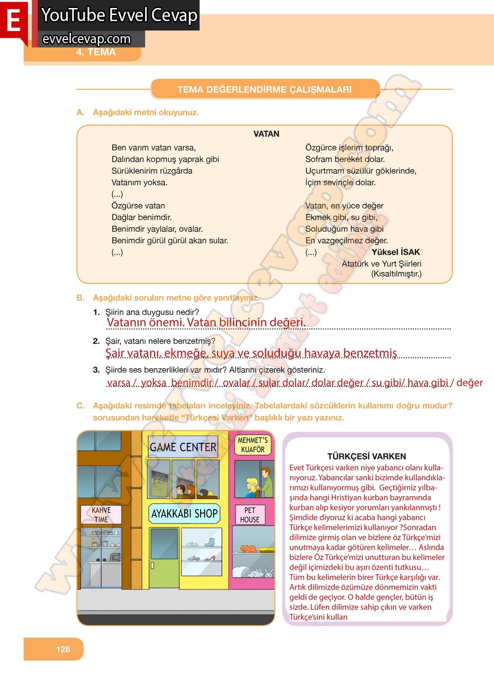 7. Sınıf Özgün Yayınları Türkçe Ders Kitabı Cevapları Sayfa 128