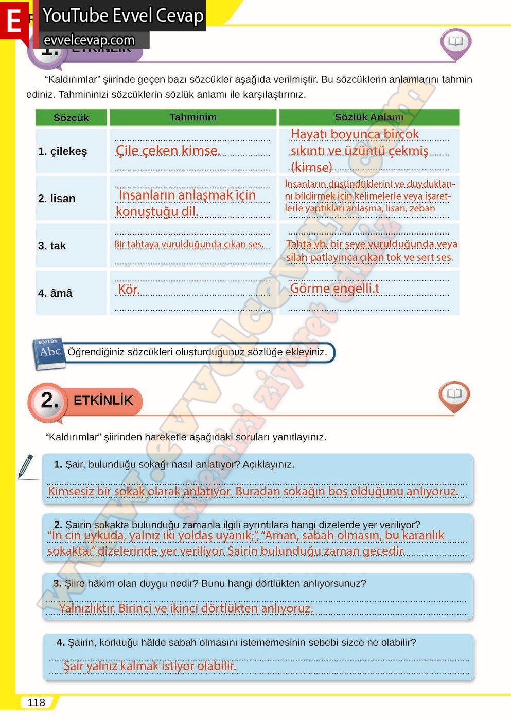 8. sınıf Meb Yayınları Türkçe Ders Kitabı Cevapları Sayfa 118