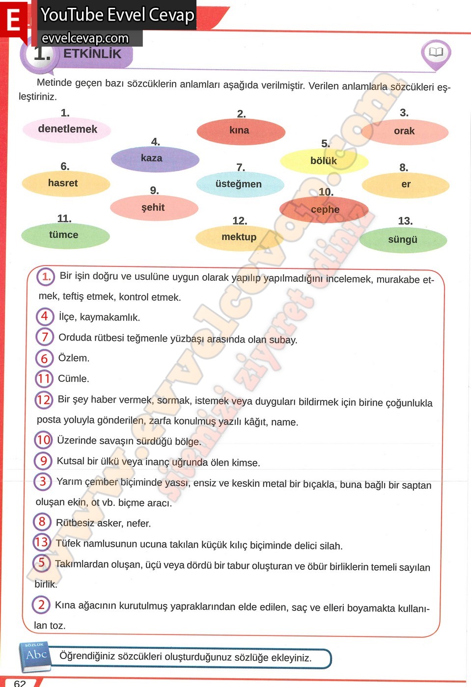8. sınıf Meb Yayınları Türkçe Ders Kitabı Cevapları Sayfa 62