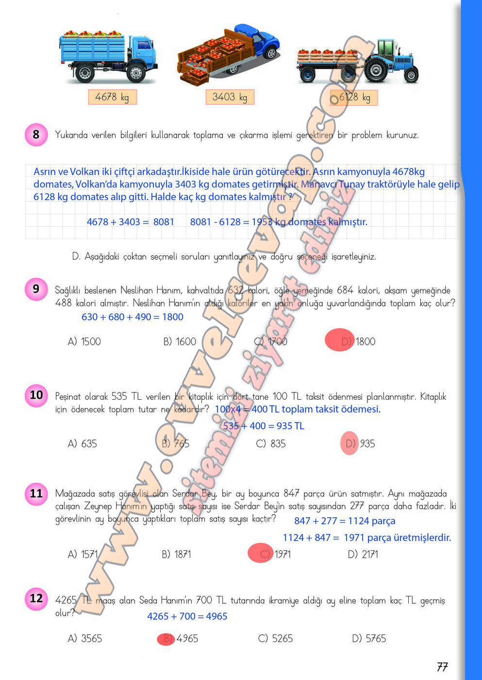 4. Sınıf Matematik Ders Kitabı Meb Sayfa 71-72-75-76-77-78 Cevapları