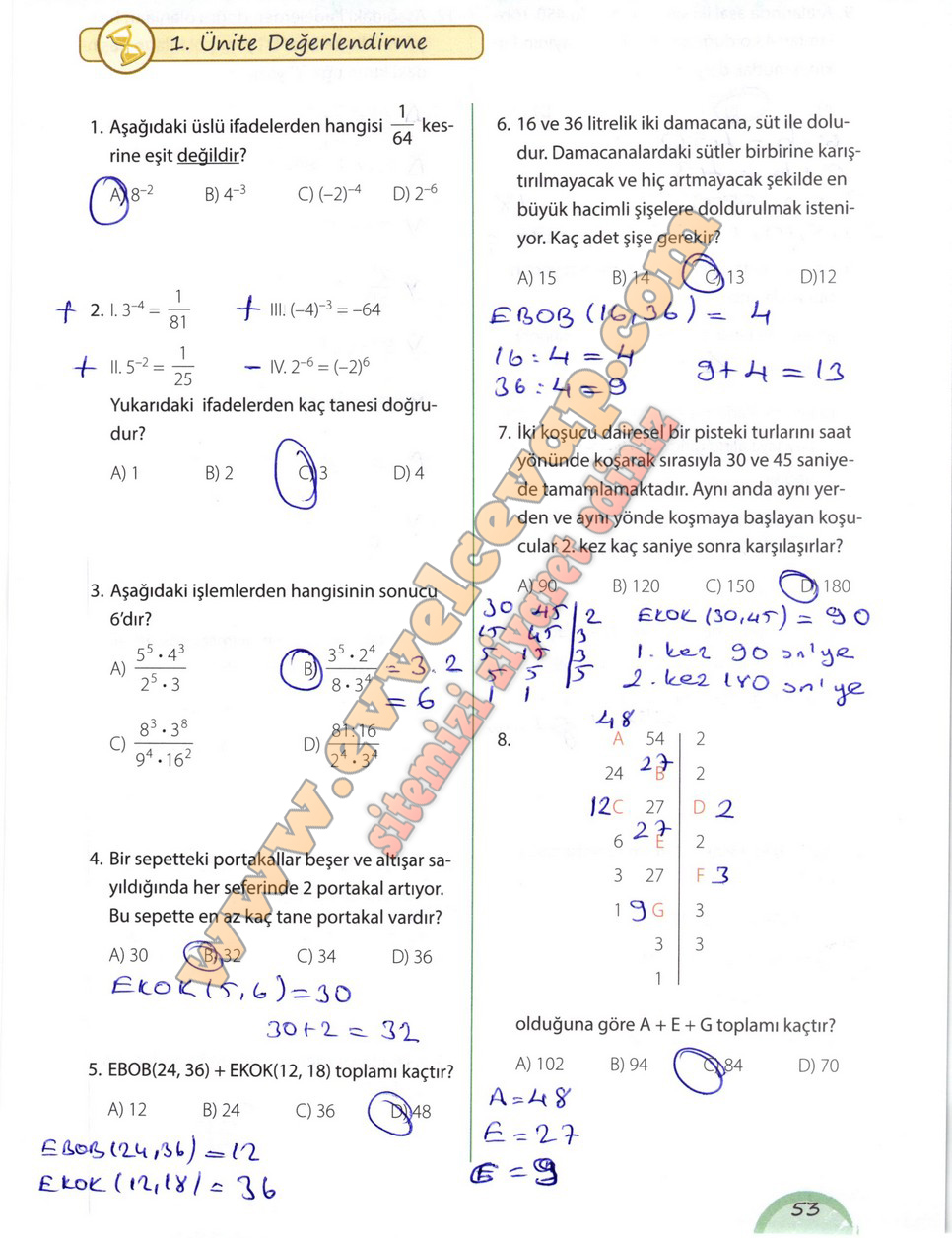 8 Sinif Matematik Ders Kitabi Kok E Sayfa 53 54 55 Cevaplari