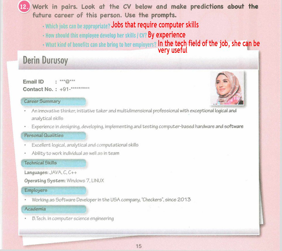 Work in pairs. Look at the CV below and make predictions about the ...