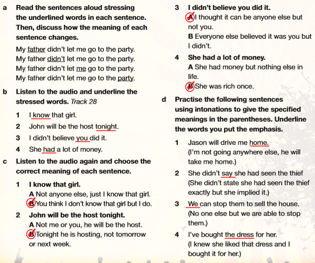 Read the sentences aloud stressing the underlined words in each