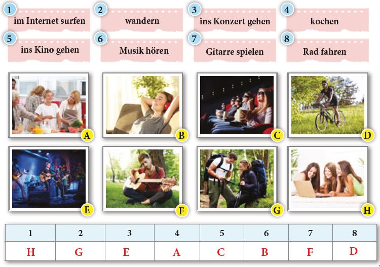 Ordne die Freizeitaktivitäten den Fotos zu!