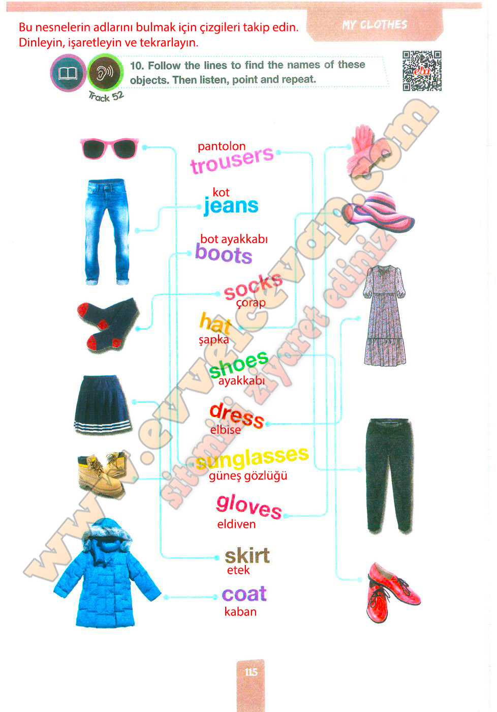 Follow the lines to find the names of these objects. Then listen, point ...